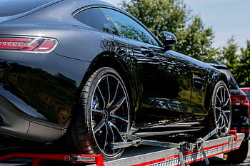 Černá, mercedes-benz amg gt, kovový přívěs, připojený, suv, během dne, auto, supercar, rychlé auto, automobil, design