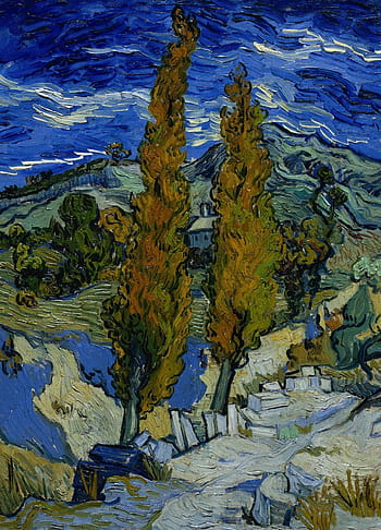 trees, mountain, body, water painting, vincent van gogh, landscape, painting, art, artistic, artistry, oil on canvas