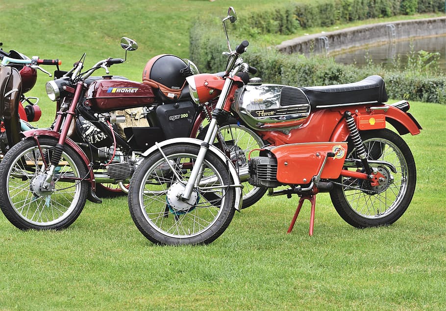 motocykl, moped, klasický, kreidler florett, romet, oldtimer, vozidlo, dvoukolové vozidlo, kult, nostalgie, starý