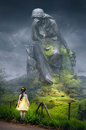 girl, yellow, sundress, front, giant woamn statue, fantasy, landscape, monument, child, statue, sad