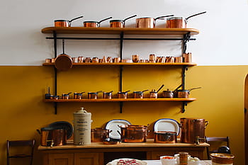 marrom, panela de vidro, prateleira, panelas, cobre, cozinha, comida, utensílios de cozinha, cozinhar, panela, tradicional