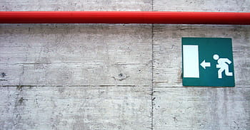 exit, sign, red line, wall, emergency, arrow, escape