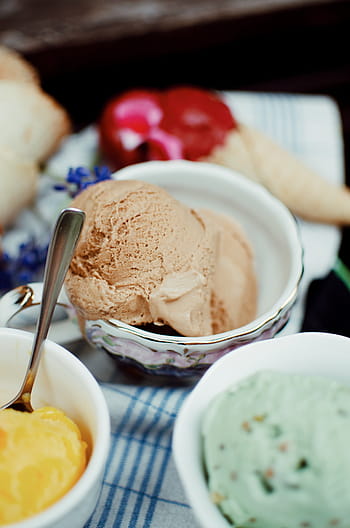 three, scoops, ice creams, inside, bowls, ice, cream, dessert, sweets, frozen, ice cream