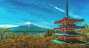 Foto, Pagodentempel, umgeben, Bäume, Japan, Pagode, fuji, Vulkan, Fuji Vulkan, Schnee fällt, Berg