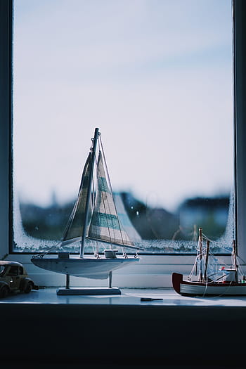 miniature, sailboat model, window, two, white, sail, ships, miniatures, glass, still, items