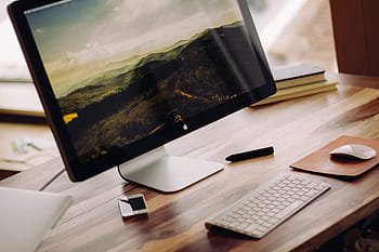 Černá, imac;, jablko magická klávesnice, klávesnice;, jablko kouzelná myš, stůl, jablko, mac, počítač, plocha počítače, monitor