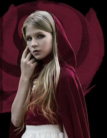girl, wearing, red, hood, cloak, rose, flower, fantasy, blonde, dark, mysterious