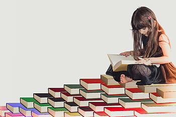 girl reading book, assorted-color book lot, girl, white, fun, kid, literature, elementary, schoolgirl, student, study