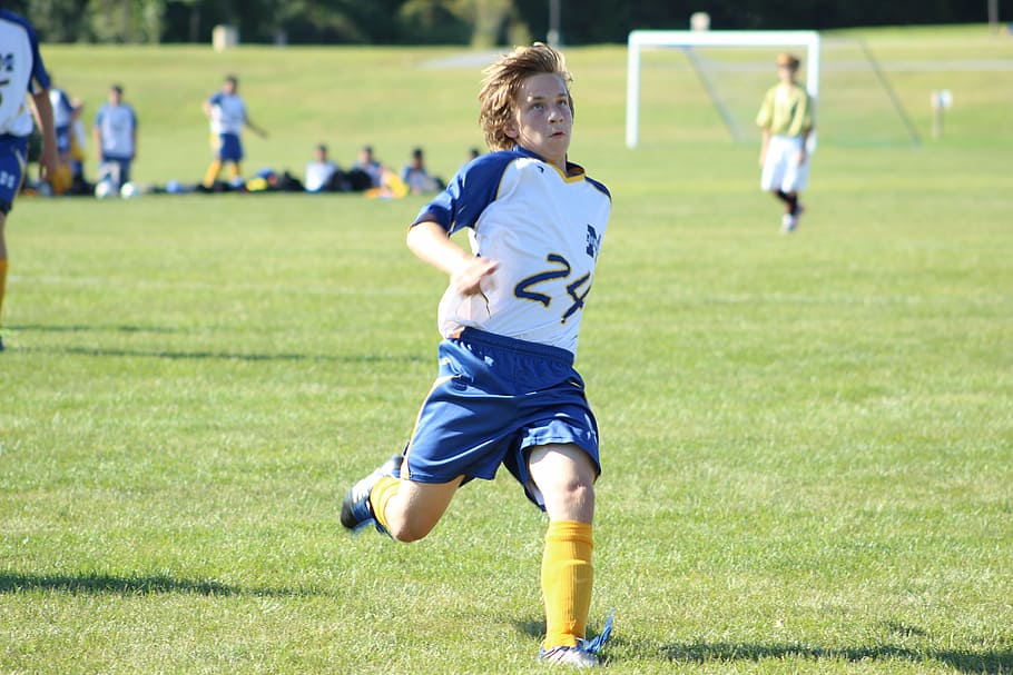 boy, playing, soccer, field, daytime, ball, throw, kid, child, game, sport