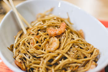 tagliatelle ai gamberi, gamberetti, tagliatelle, avvicinamento, vietnamita, cibo, pasta, spaghetti, pasto, buongustaio, cena
