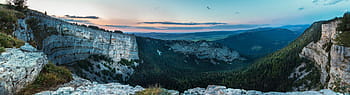 hory při východu slunce, creux du van, panoráma, barevné skály, skalní kotel, široký, vzdálený, vzdálený pohled, večer, světlo, barevné nebe