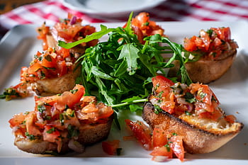 bruschetta, rajčata, jídlo, chléb, Lahodné, jíst, bazalka, startér, potravin, bageta, restaurace