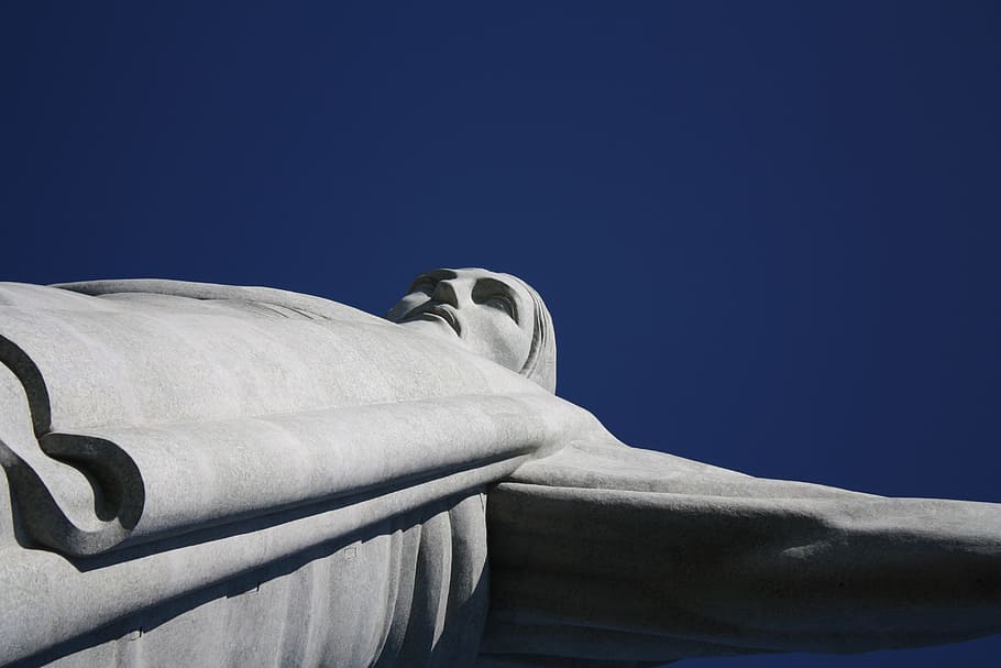 nízký, úhlové fotografování, Kristus, Vykupitel, modrý, nebe, Kristus vykupitel, turistická atrakce, Rio de Janeiro, Brazílie, památník