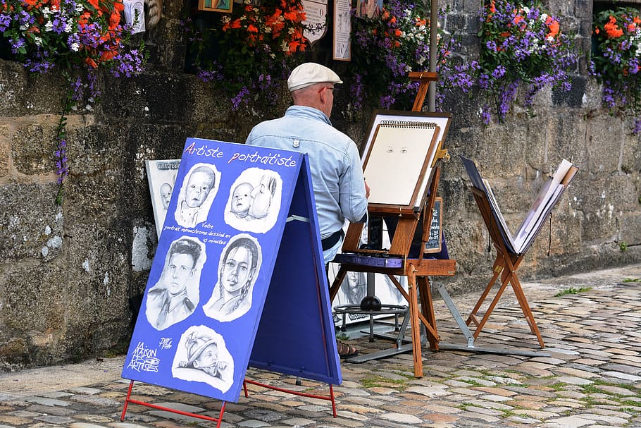 drawing, caricature, artistic, city, portrait, man, table, designer, street, artists, cap