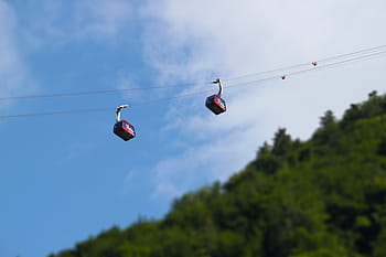 selective, focus photograph, two, red, cable cars, cable, car, ride, wire, nature, cable car