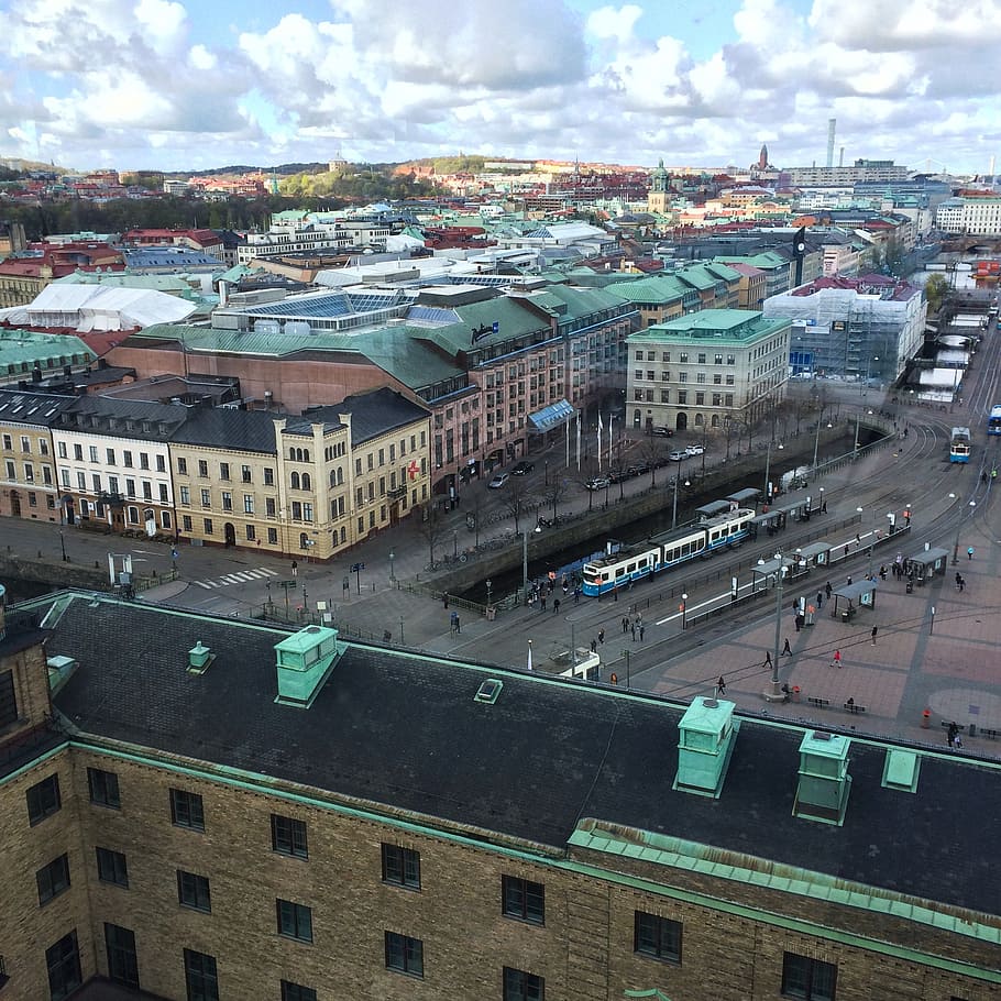 city, gothenburg, house, roof, tram, drottningtorget, views, view, big city