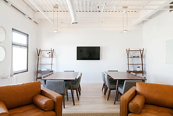 two, rectangular, brown, wooden, dining tables, front, black, flat, screen tv, interior, design