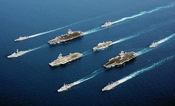 banyak kapal perang, kapal, angkatan laut, formasi, parade, lima negara, laut, samudra, militer, pelayaran, bahari