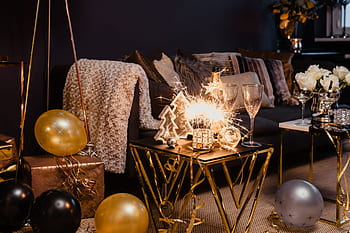 Festa de Ano Novo, Véspera de Ano Novo, festa, ouro, dourado, decorações, noite, streamer, decoração da casa, Novo, Ano