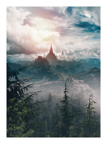 temple, fantasy, fantasy landscape, mountains, trees, sky, clouds, light, sun, dream, mysterious