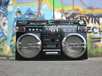 black, crown boombox, graffiti, painted, wall, black Crown, boombox, ghettoblaster, radio recorder, old school, cassette recorder