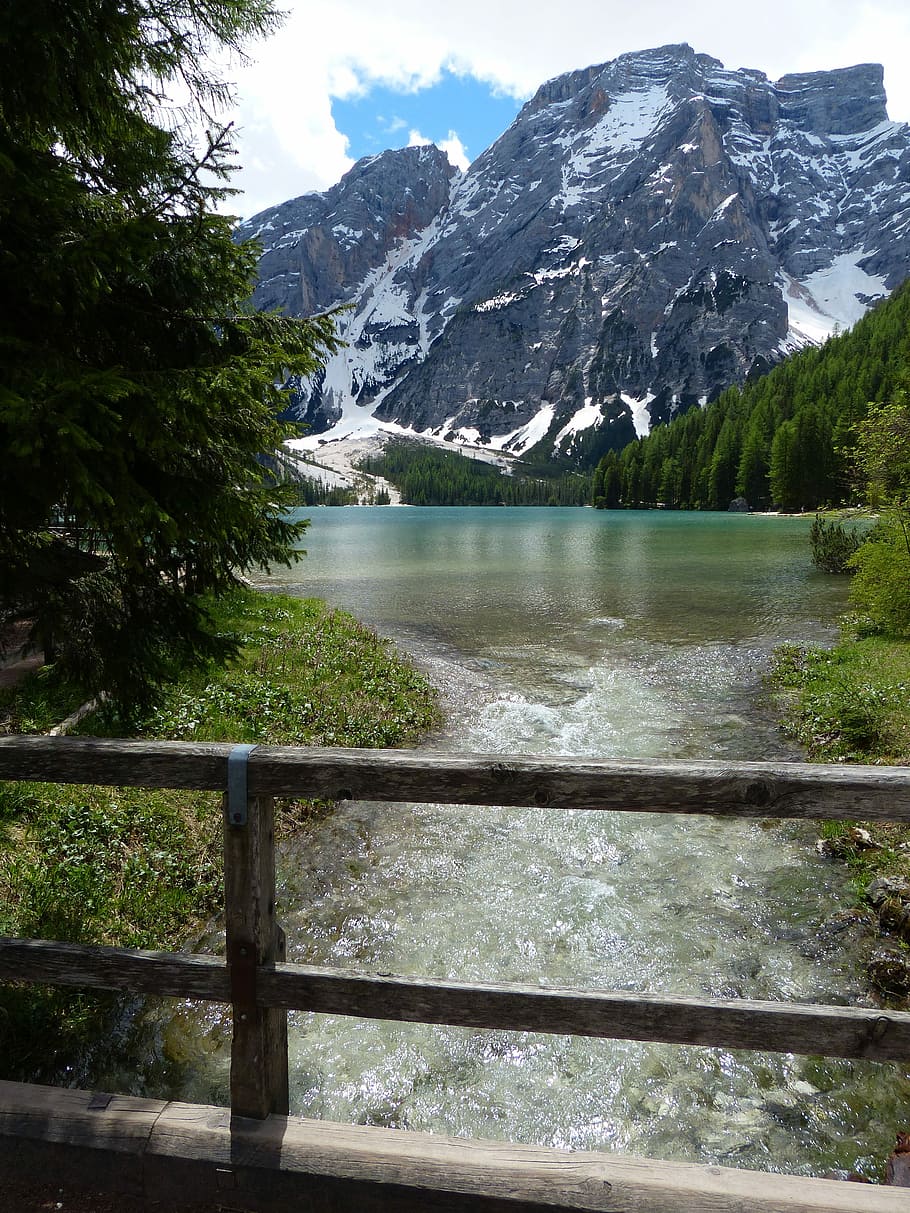 hory, dolomity, Itálie, více, krajina, Příroda, pragser wildsee, hora, jezero, scén, sníh