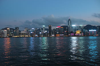 městské budovy, vedle, moře, noc, beach victoria, noční výhled, městské panorama, panoráma města, Čína - východní Asie, Hongkong, městské scény