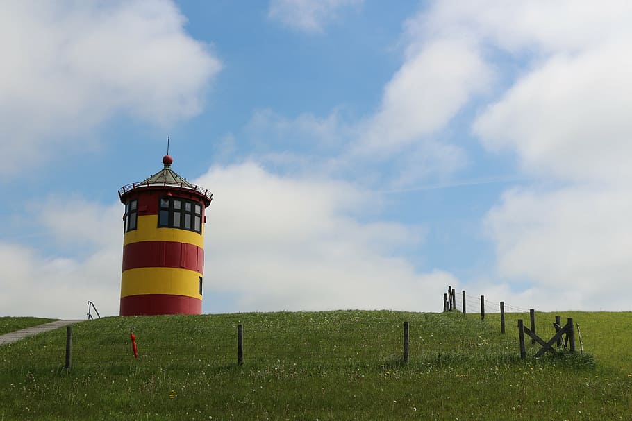 maják, východní frisia, pilsum, otto waalkes, maják pilsumer, otto maják, cestovní ruch, Severní moře, žlutá, Červené, mezník