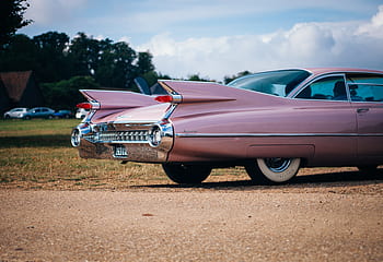 coche, vendimia, rosado, vehículo, transporte, viajar, vacaciones, carrera, nubes, cielo, árboles