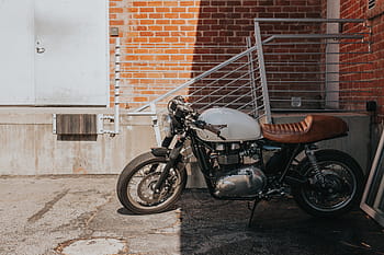 bílý, hnědý, Standard, motocykl, motor, vozidlo, parkoviště, mimo, budova, slunný, den