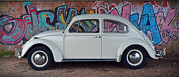 bílý, volkswagen brouk, zaparkováno, vedle, zeď, vw, brouk, graffiti, klasický, volkswagen, volkswagen vw