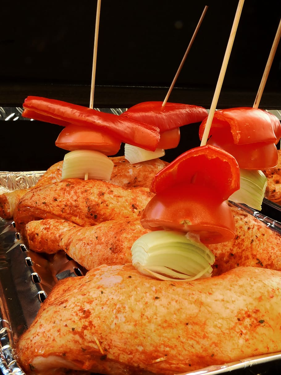 grill, barbecue, delicious, meat, paprika, tomato, onion, food, eat, dine, chicken