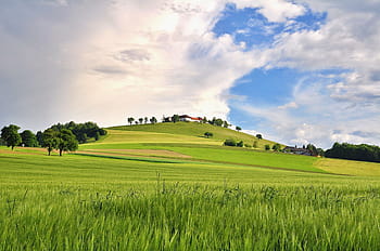 nature, landscape, reported, fields, spring, farmhouse, hill, clouds