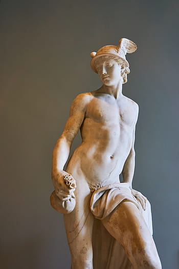 male, greek god statue, gray, wall, louvre, paris, statue, museum, france, art, sculpture