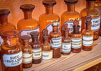 lékárna, starý, lahví, lék, léčivých přípravků, chemie, hnědý, historicky, lékařský, dřevo, apothekerschrank