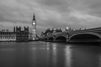 big ben, noc, Černá, bílý, Londýn, Anglie, Spojené království, mraky