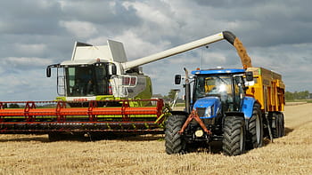 white, green, harvester, blue, tractor, yellow, trailer, harvest, grain, combine, arable farming