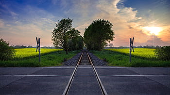 prázdný, cesta, obklopen, stromy, modrý, nebe, Šedá, mraky, modrá obloha, přejezdu, gleise