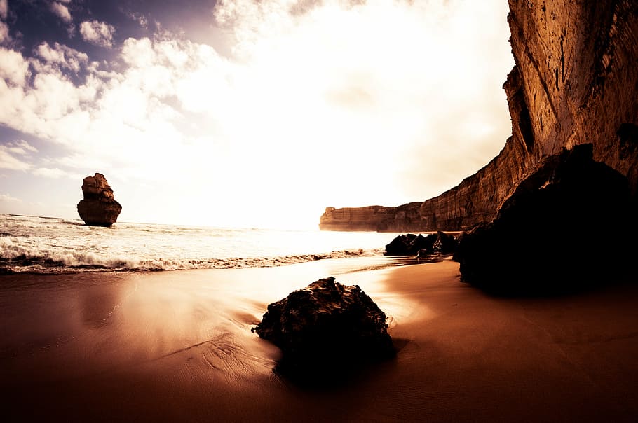 landscape photography, seashore, beach, boulder, dawn, dusk, landscape, motion, ocean, rock, sand