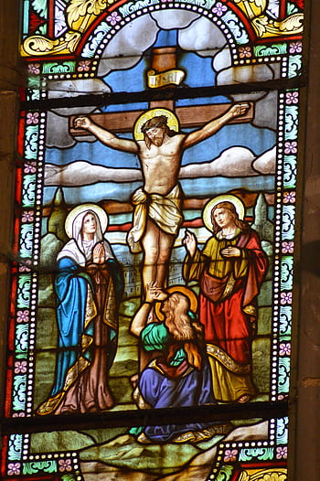 stained glass, colorful, crucifixion, death, jesus, mary, jeans, marie-madeleine, halo, saint, religion