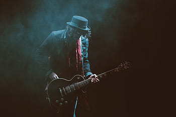 πρόσωπο, κουραστικός, σακάκι κουστουμιού, fedora καπέλο, παιχνίδι, κιθάρα, ΜΟΥΣΙΚΗ, μουσικός, κιθαρίστας, ροκ μουσική, μουσικό όργανο