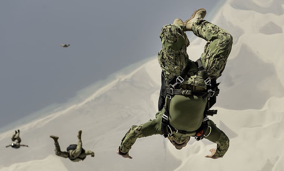 soldato, gocce, cielo, forze speciali, aeronautica, aviatori, spec ops, saltare, skydive, esercito, speciale
