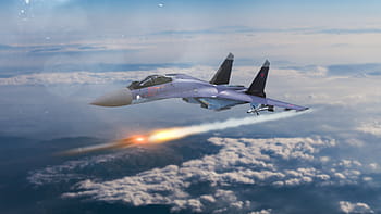 gray, jet fighter, launching, rocket missile, daytime, sukhoi-35, aircraft, russian, jet-fighter, su-35, military