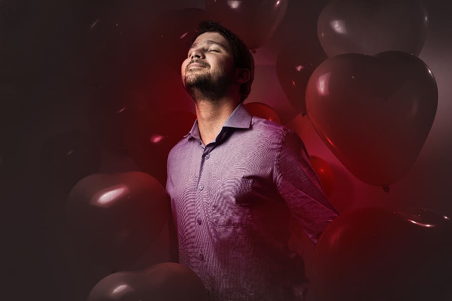 Valentýn, milovat, srdce, vášeň, muž, balóny, pocit, Počkejte