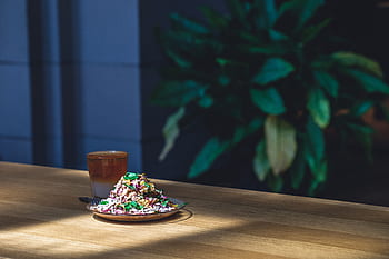 cibo, insalata, tazza, tavolo, pianta, sfocatura, interno
