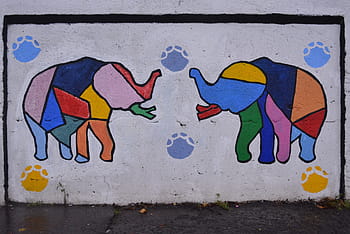 drawing, colors, art, graffiti, work of art, mural, elephant, animals