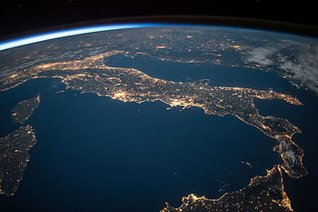 earth, outer, space, international space station, view, night, italy, mediterranean, ocean, sea, lights
