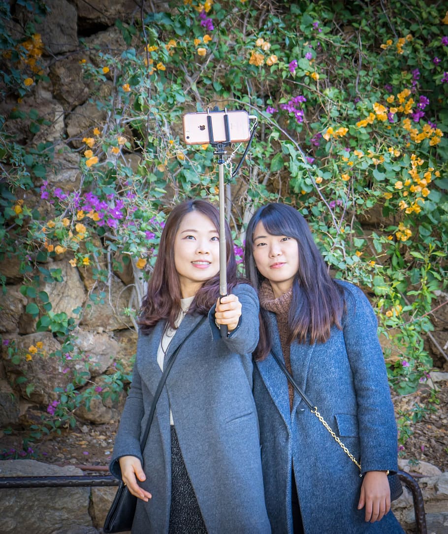 two, women, taking, selfie, girls, smiling, flowers, nature, outdoor, happy, young