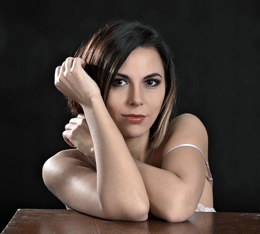 woman, wearing, spaghetti, strap, top, leaning, table, girl, beauty, portrait, portrait of a woman
