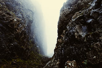 rocky, cliff, surrounded, fogs, landscape, photography, brown, boulders, fog, daytime, rocks
